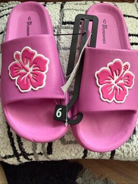 No Boundaries Pink Slide Sandals with Hibiscus Accent